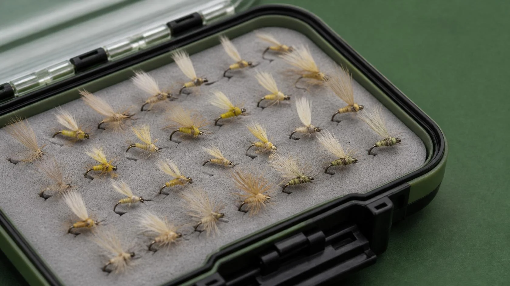 Sulphur dry flies in a fly box
