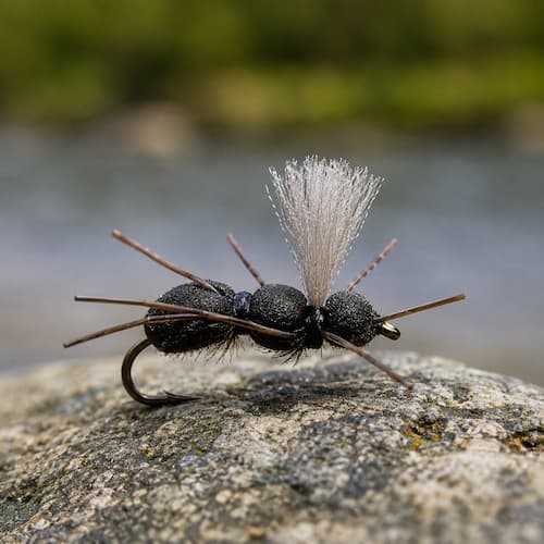 Flying ant dry fly pattern, close-up on rock