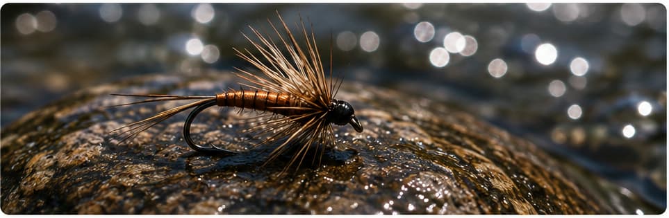 Close-up of a hand-tied dry fly on a wet streamside rock